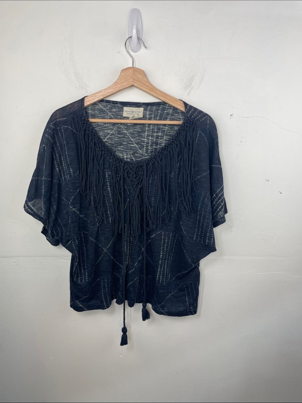 Ralph Lauren Blue Fringe Tie-Front Crop Top Short Sleeve size Large
